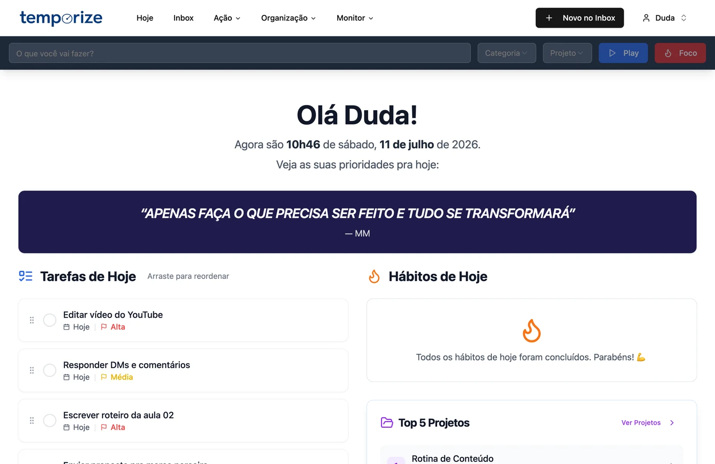Tela Hoje do Temporize com prioridades, hábitos e foco