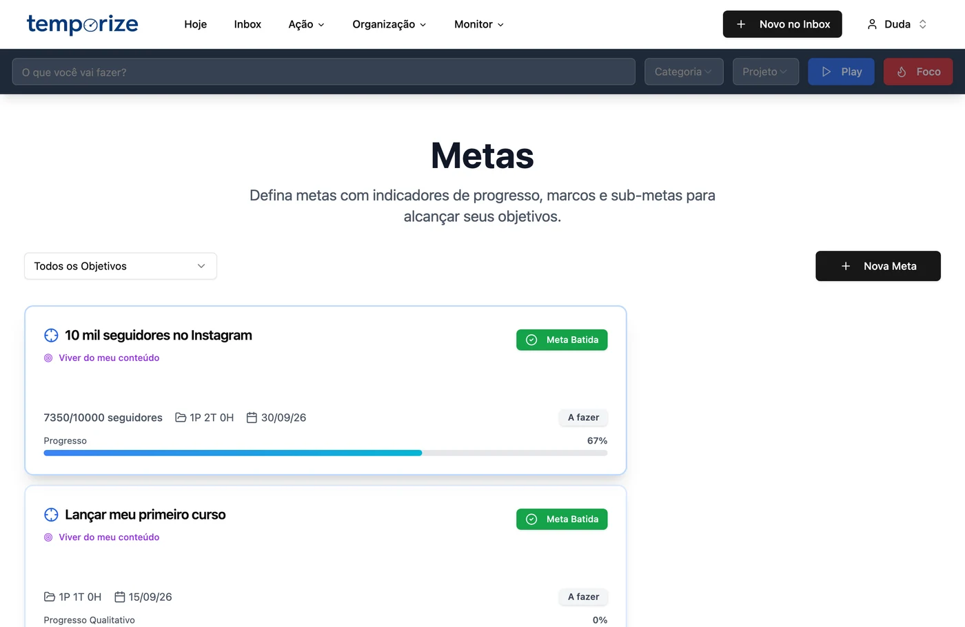 Metas com barra de progresso no Temporize